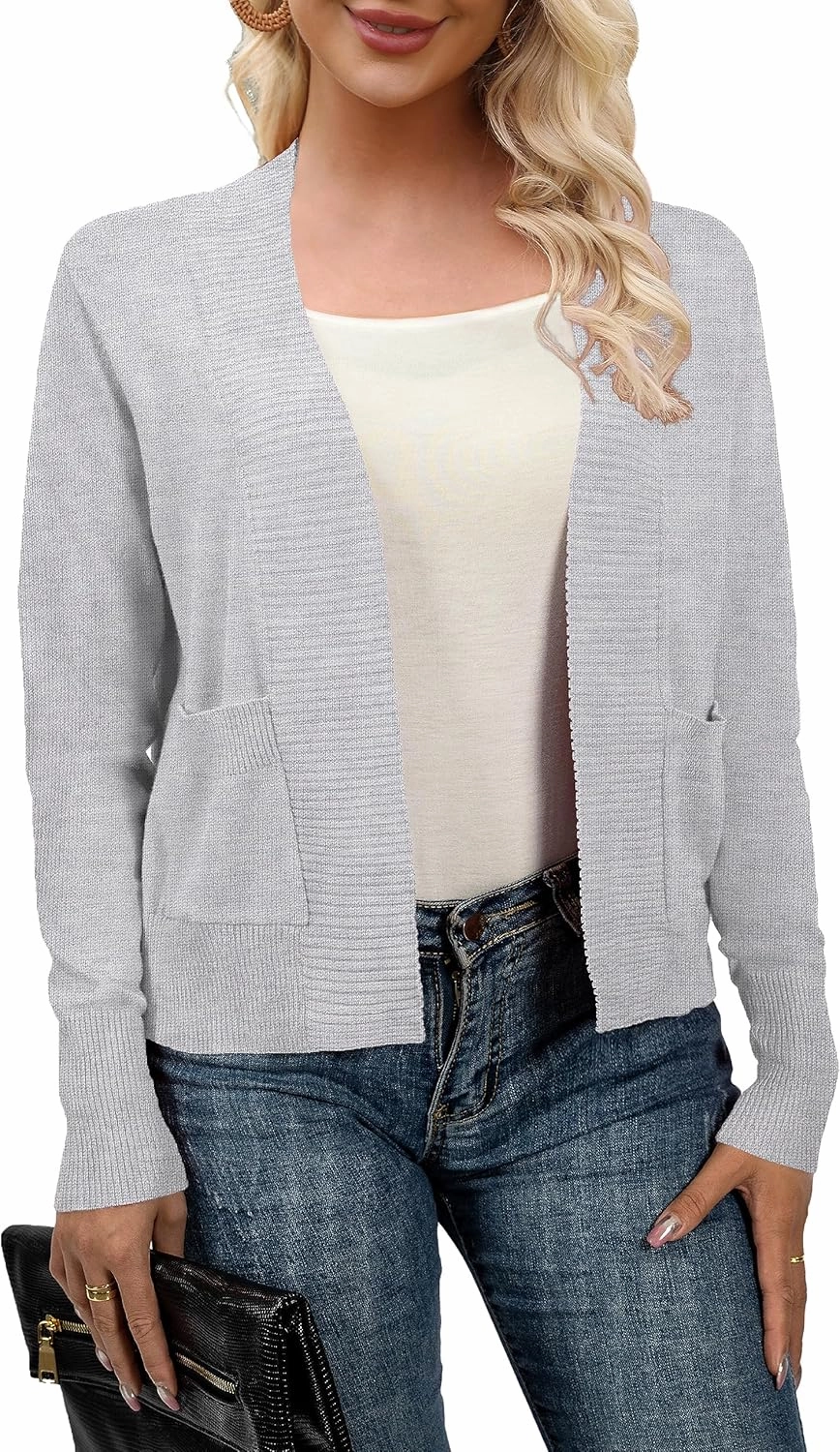 AAMILIFE Women’s Long Sleeve Cardigan Knit Sweaters Bolero Open Front Short Shrugs Cropped Cardigan with Pocket