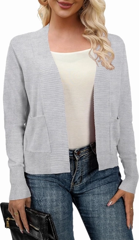 AAMILIFE Women’s Long Sleeve Cardigan Knit Sweaters Bolero Open Front Short Shrugs Cropped Cardigan with Pocket