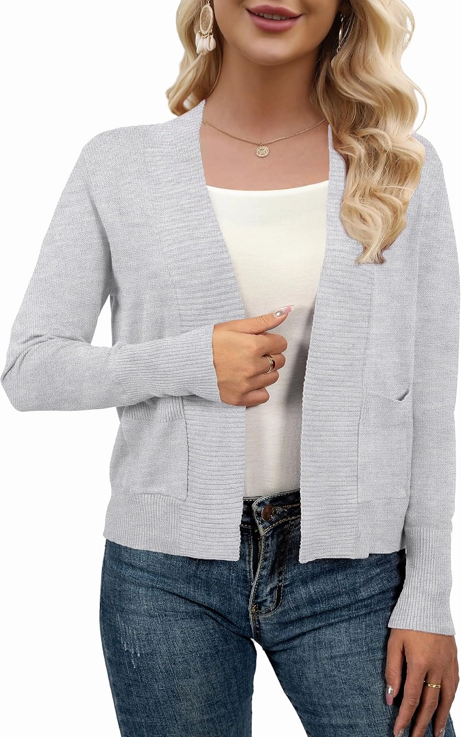 AAMILIFE Women’s Long Sleeve Cardigan Knit Sweaters Bolero Open Front Short Shrugs Cropped Cardigan with Pocket