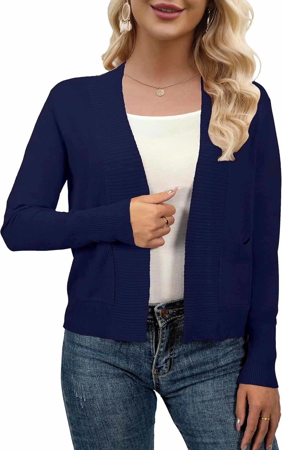 AAMILIFE Women’s Long Sleeve Cardigan Knit Sweaters Bolero Open Front Short Shrugs Cropped Cardigan with Pocket