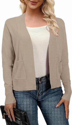 AAMILIFE Women’s Long Sleeve Cardigan Knit Sweaters Bolero Open Front Short Shrugs Cropped Cardigan with Pocket