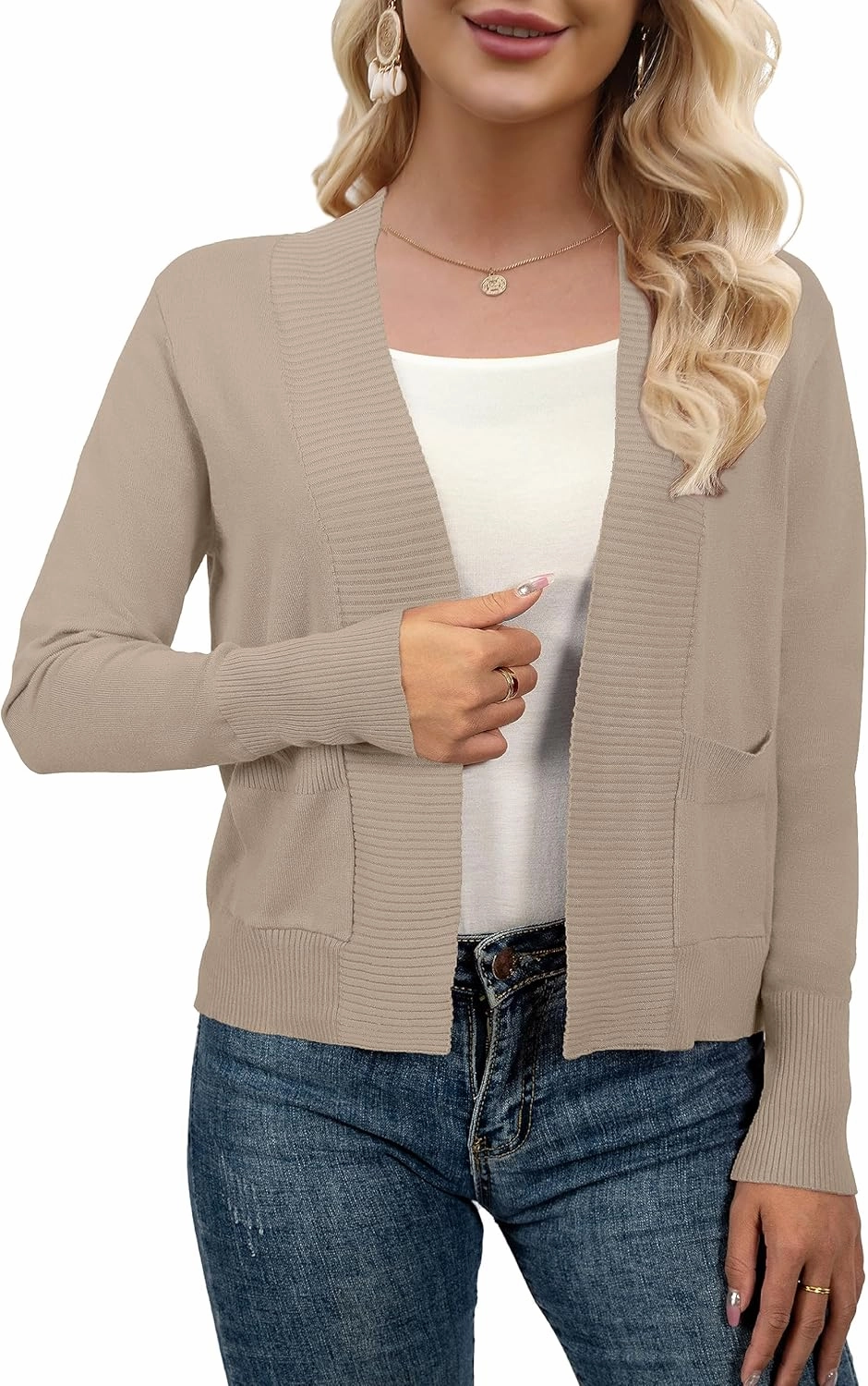 AAMILIFE Women’s Long Sleeve Cardigan Knit Sweaters Bolero Open Front Short Shrugs Cropped Cardigan with Pocket