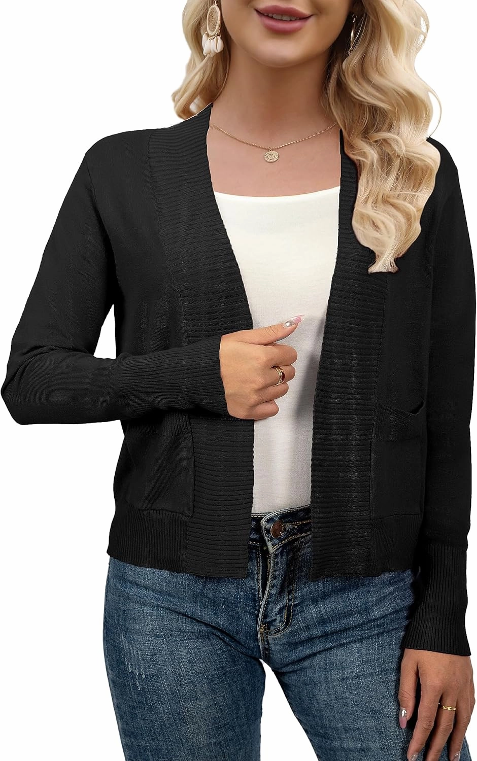 AAMILIFE Women’s Long Sleeve Cardigan Knit Sweaters Bolero Open Front Short Shrugs Cropped Cardigan with Pocket