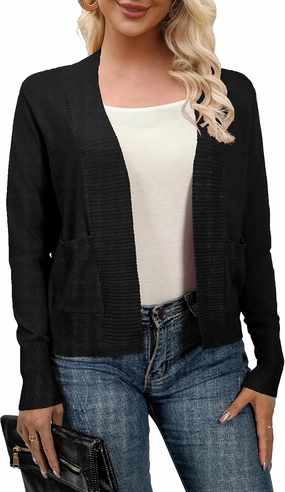 AAMILIFE Women’s Long Sleeve Cardigan Knit Sweaters Bolero Open Front Short Shrugs Cropped Cardigan with Pocket