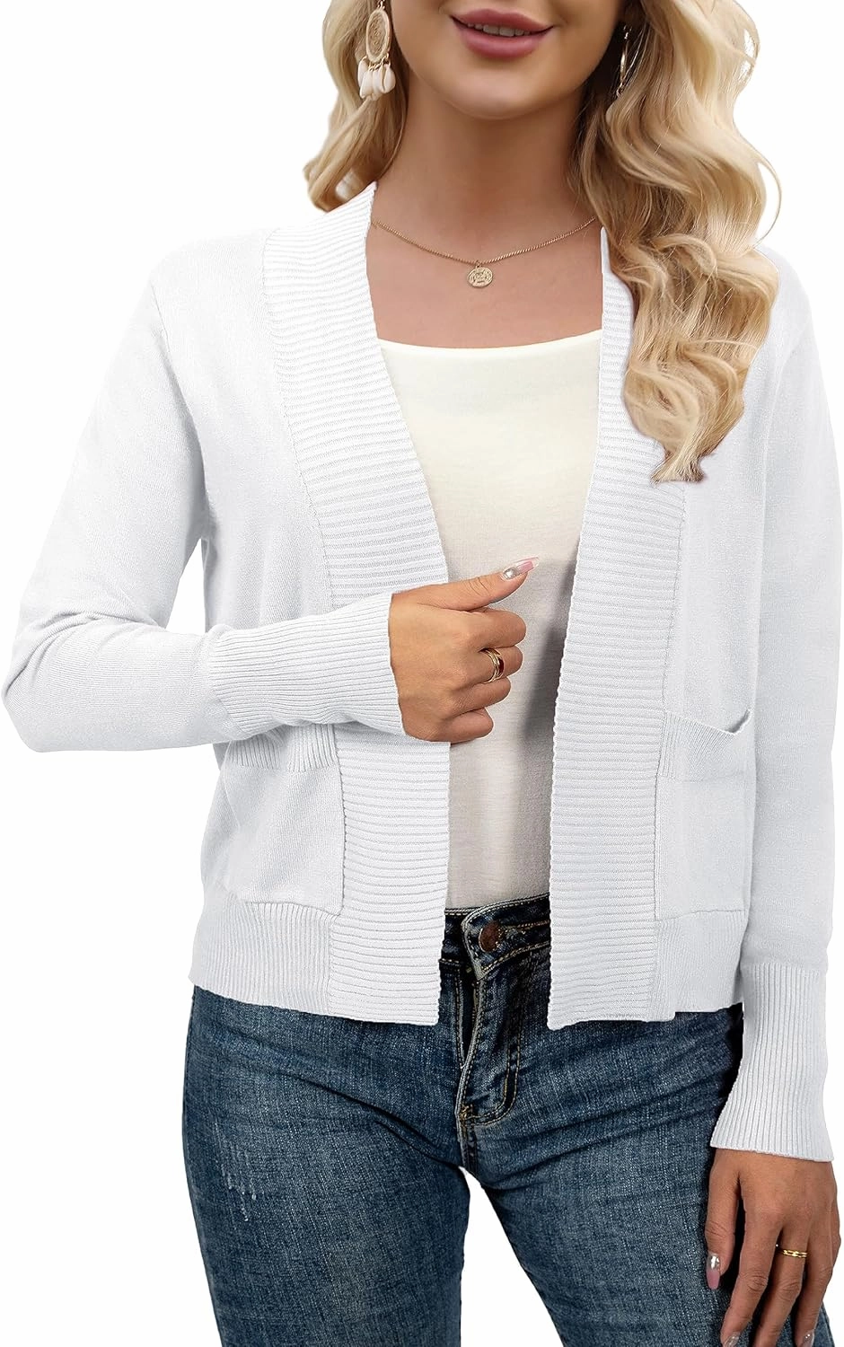 AAMILIFE Women’s Long Sleeve Cardigan Knit Sweaters Bolero Open Front Short Shrugs Cropped Cardigan with Pocket