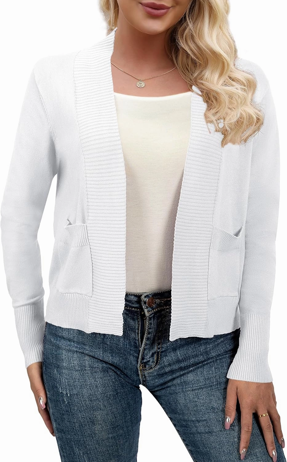AAMILIFE Women’s Long Sleeve Cardigan Knit Sweaters Bolero Open Front Short Shrugs Cropped Cardigan with Pocket