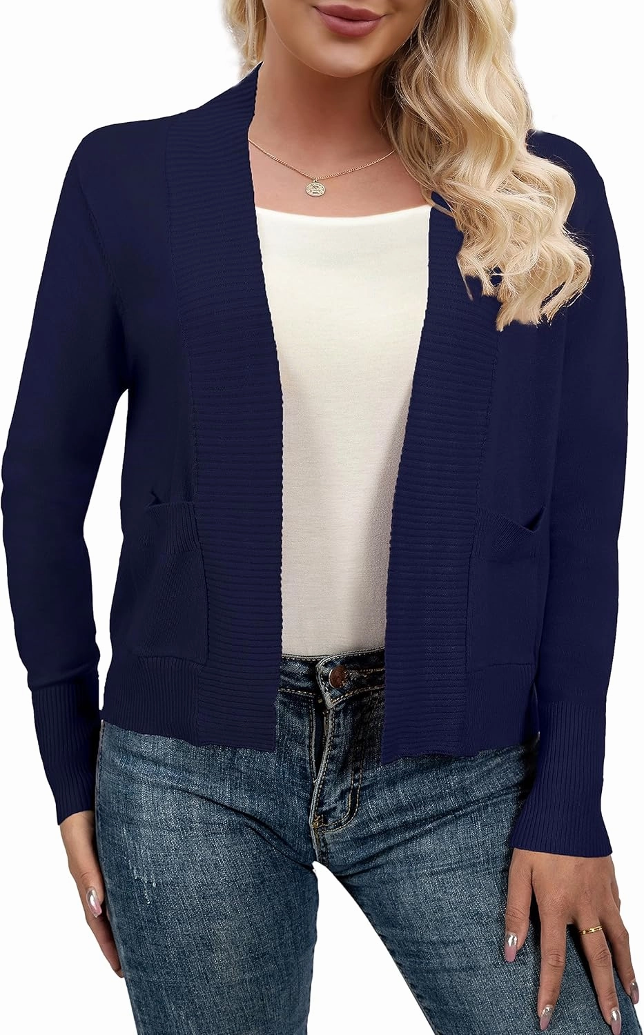AAMILIFE Women’s Long Sleeve Cardigan Knit Sweaters Bolero Open Front Short Shrugs Cropped Cardigan with Pocket