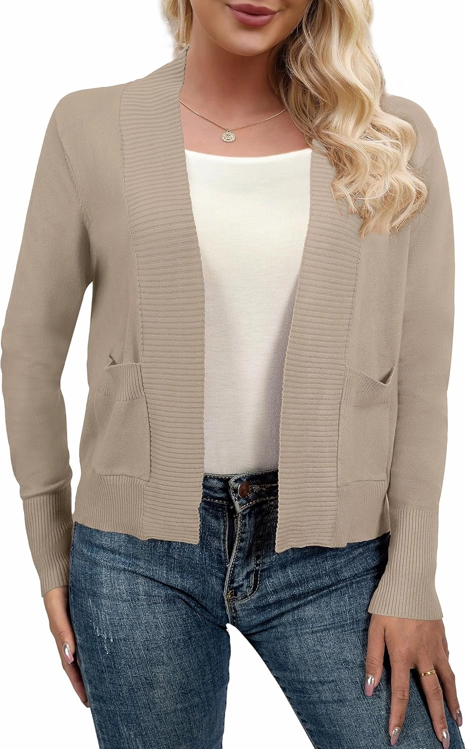 AAMILIFE Women’s Long Sleeve Cardigan Knit Sweaters Bolero Open Front Short Shrugs Cropped Cardigan with Pocket