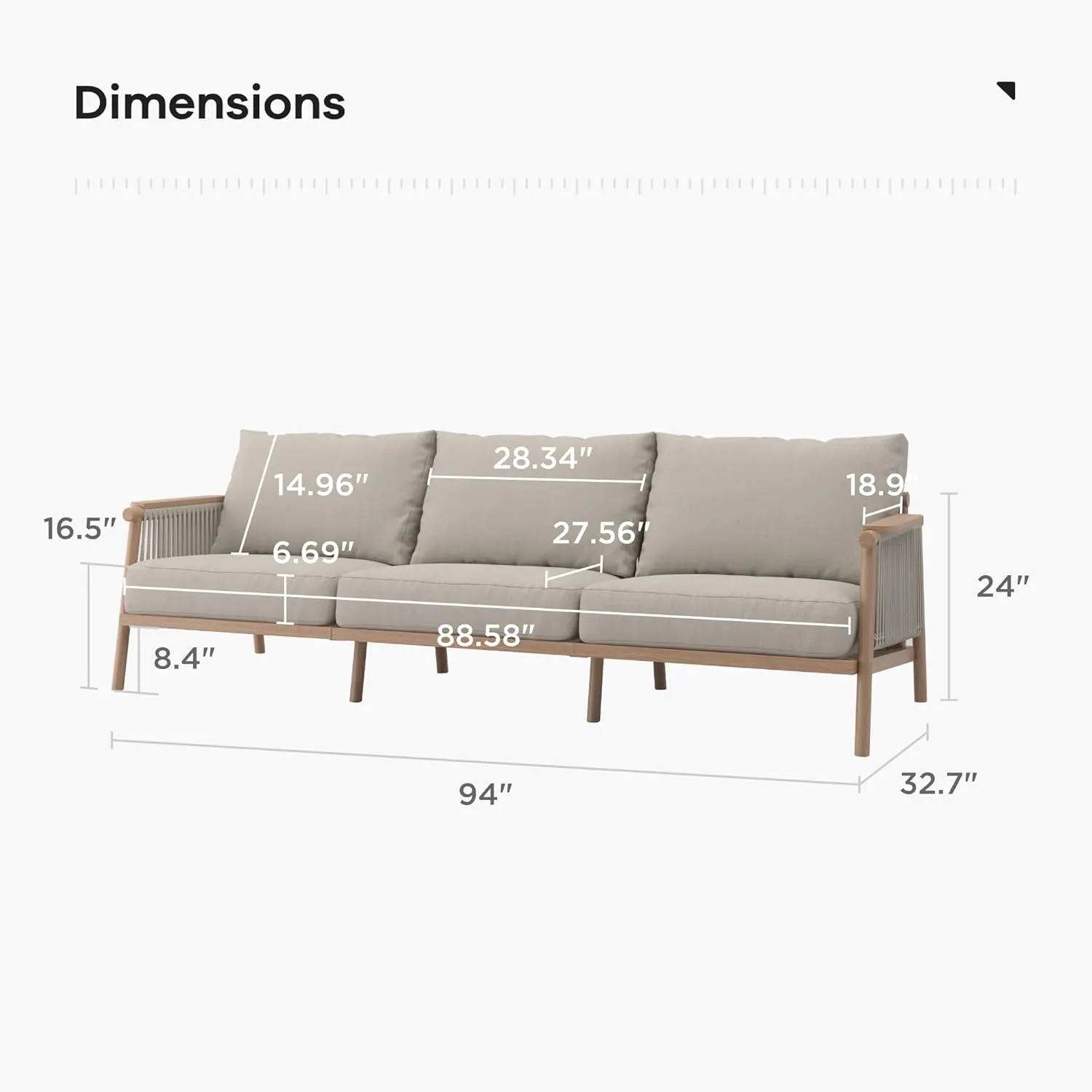 Acanva Modern All-Weather Aluminum Outdoor Patio Sofa with Thick Cushions, Olefin Fabric Sunroom Backyard Furniture, Couch Light Khaki