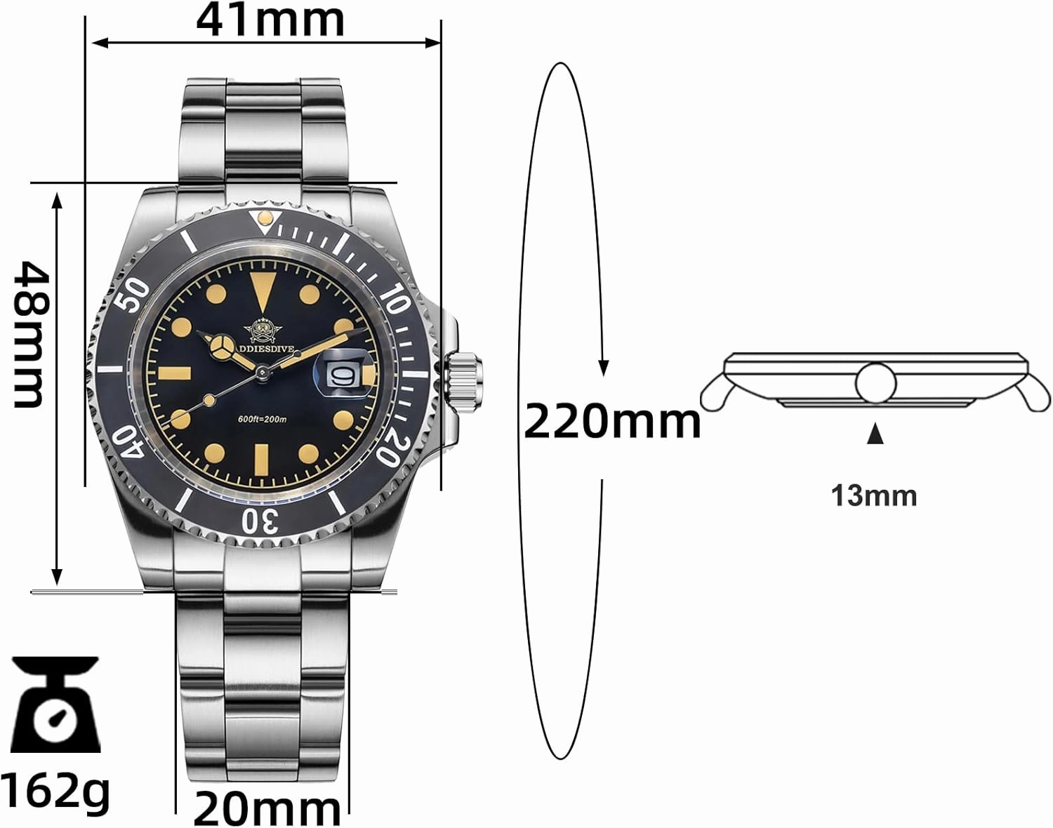 ADDIESDIVE 41MM Men's Quartz Watch Stainless Steel Bracelet Dive Watch
