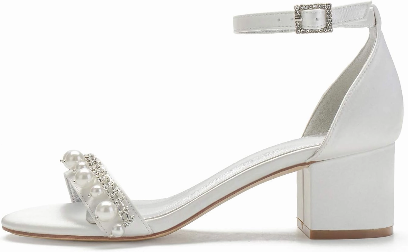 ADMLZQQ Satin Pearl Wedding Shoes for Bride Mid Heel Bridal Shoes Peep Toe Platform Wedding Heels