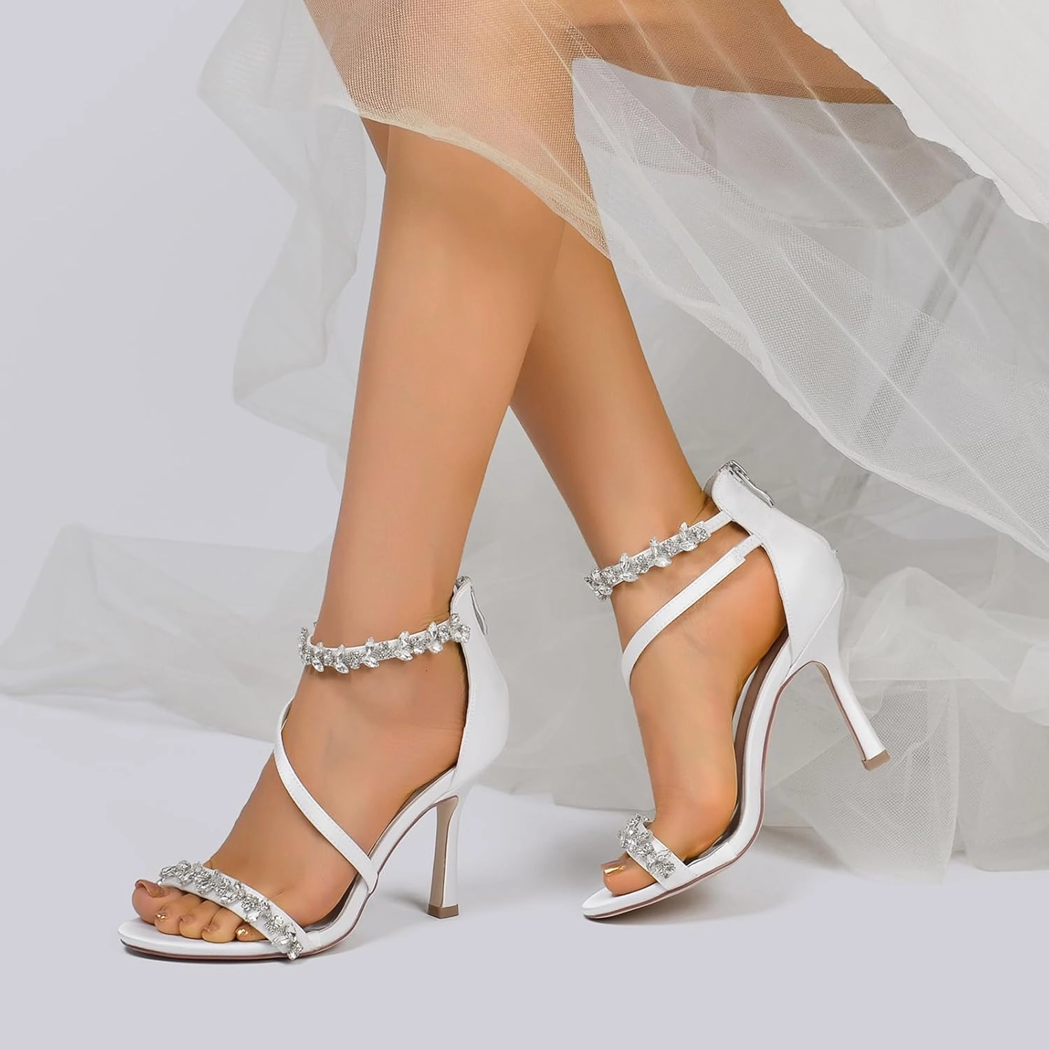 ADMLZQQ Wedding Shoes for Women Satin Heels Bridal Shoes Ankle Strap Peep Toe Stiletto High Heel Pumps