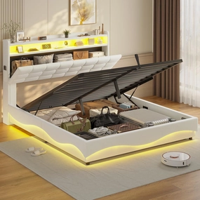 ADORNEVE Lift Up Storage Queen Bed Frame with LED Lights, Hidden Storage Headboard and Charging Station, Upholstered Platform Bed, LED Bed with Hydraulic, No Box Spring Needed, Creamy White