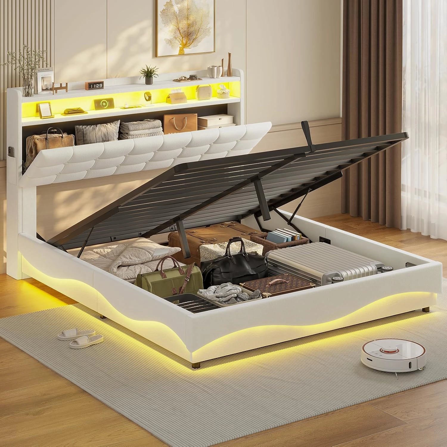 ADORNEVE Lift Up Storage Queen Bed Frame with LED Lights, Hidden Storage Headboard and Charging Station, Upholstered Platform Bed, LED Bed with Hydraulic, No Box Spring Needed, Creamy White