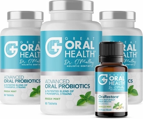 Advanced Bad Breath Treatment Set — The Oral Probiotics Tablet & OraRestore Natural Mouth & Tooth Concentrated Oil — Dentist Formulated Mint Flavor