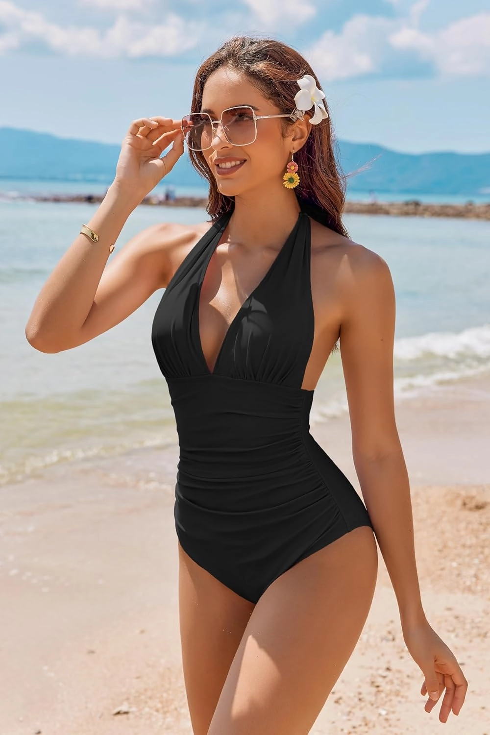 AI'MAGE Women's One Piece Swimsuit Tummy Control Halter Ruched Bathing Suits