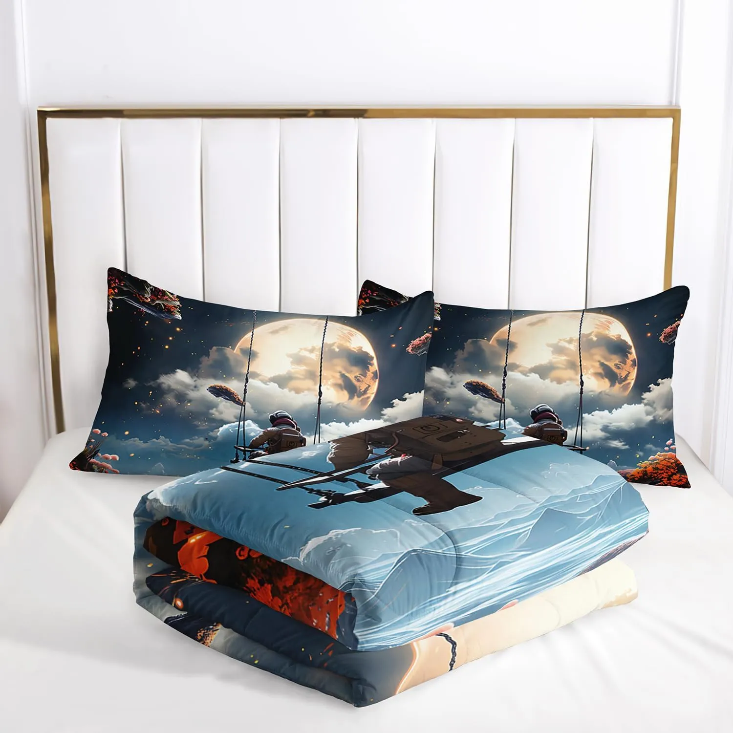 AILONEN Astronaut Comforter Set Queen Size,Moon Flower Sea Spaceman Swing Bedding Set for Kids Girls Boys,3 Pieces Galaxy Romantic Astronaut Bed in a Bag Soft Comforter with 2 Pillowcases