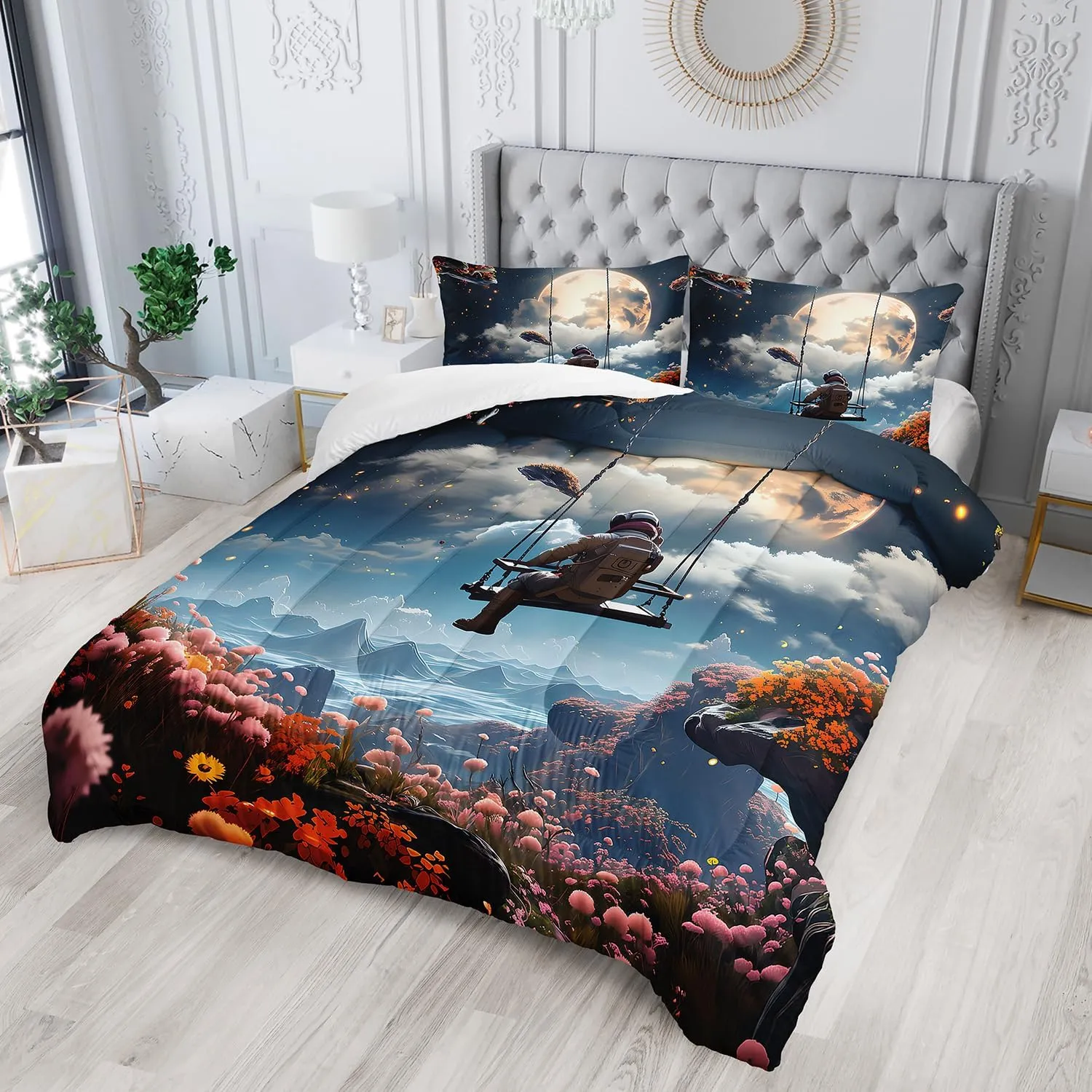 AILONEN Astronaut Comforter Set Queen Size,Moon Flower Sea Spaceman Swing Bedding Set for Kids Girls Boys,3 Pieces Galaxy Romantic Astronaut Bed in a Bag Soft Comforter with 2 Pillowcases