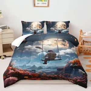 AILONEN Astronaut Comforter Set Queen Size,Moon Flower Sea Spaceman Swing Bedding Set for Kids Girls Boys,3 Pieces Galaxy Romantic Astronaut Bed in a Bag Soft Comforter with 2 Pillowcases