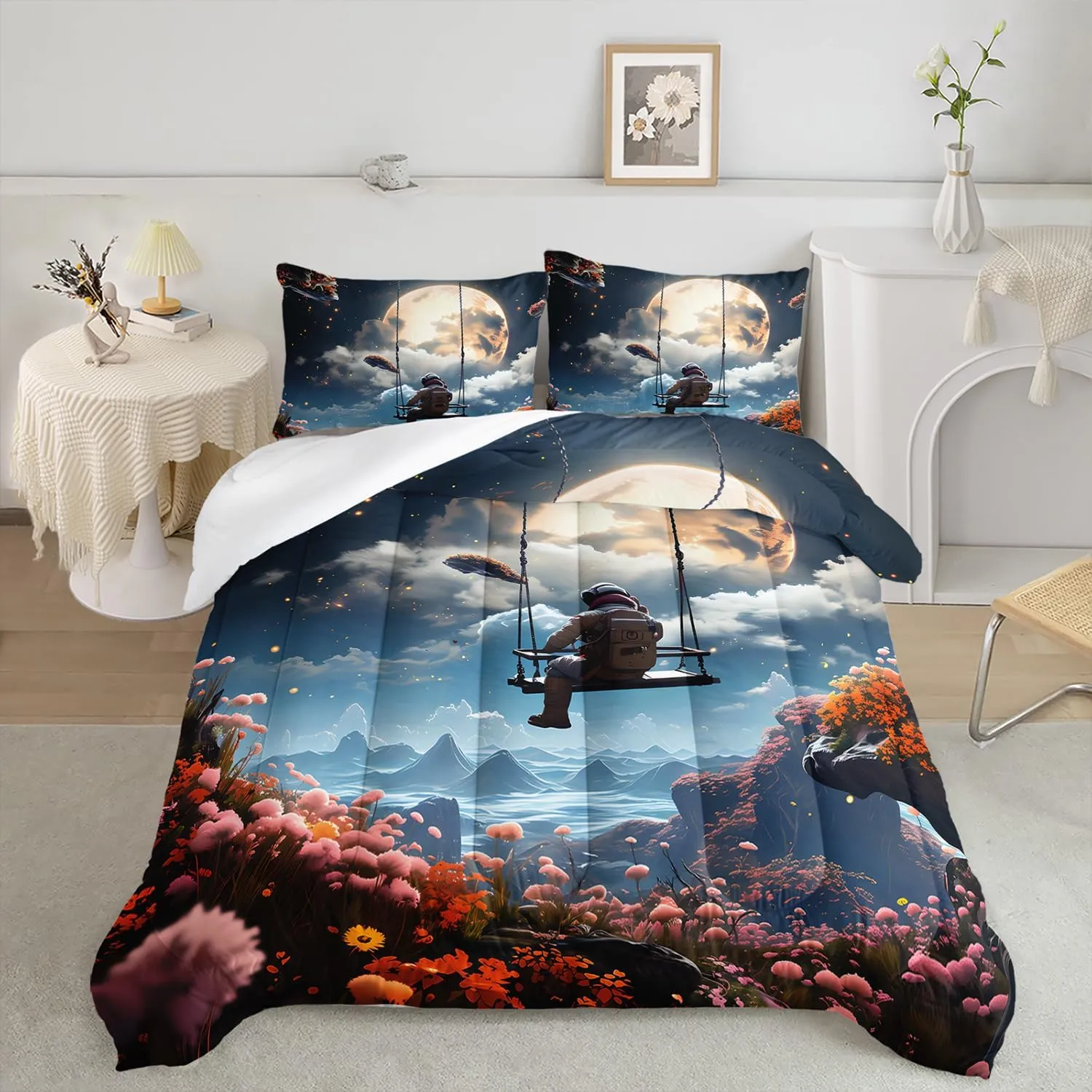 AILONEN Astronaut Comforter Set Queen Size,Moon Flower Sea Spaceman Swing Bedding Set for Kids Girls Boys,3 Pieces Galaxy Romantic Astronaut Bed in a Bag Soft Comforter with 2 Pillowcases
