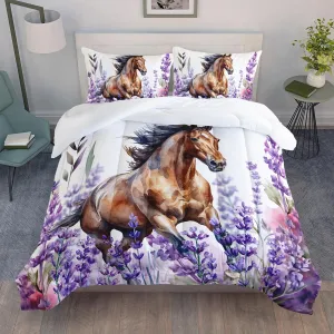 AILONEN Horse Comforter Set Queen Size, Galloping Horse Bedding Set for Boy Teens,Lavender Flowers Bed in a Bag,3Pcs,1 Quilt and 2 Pillowcases,Soft Microfibre for All Season