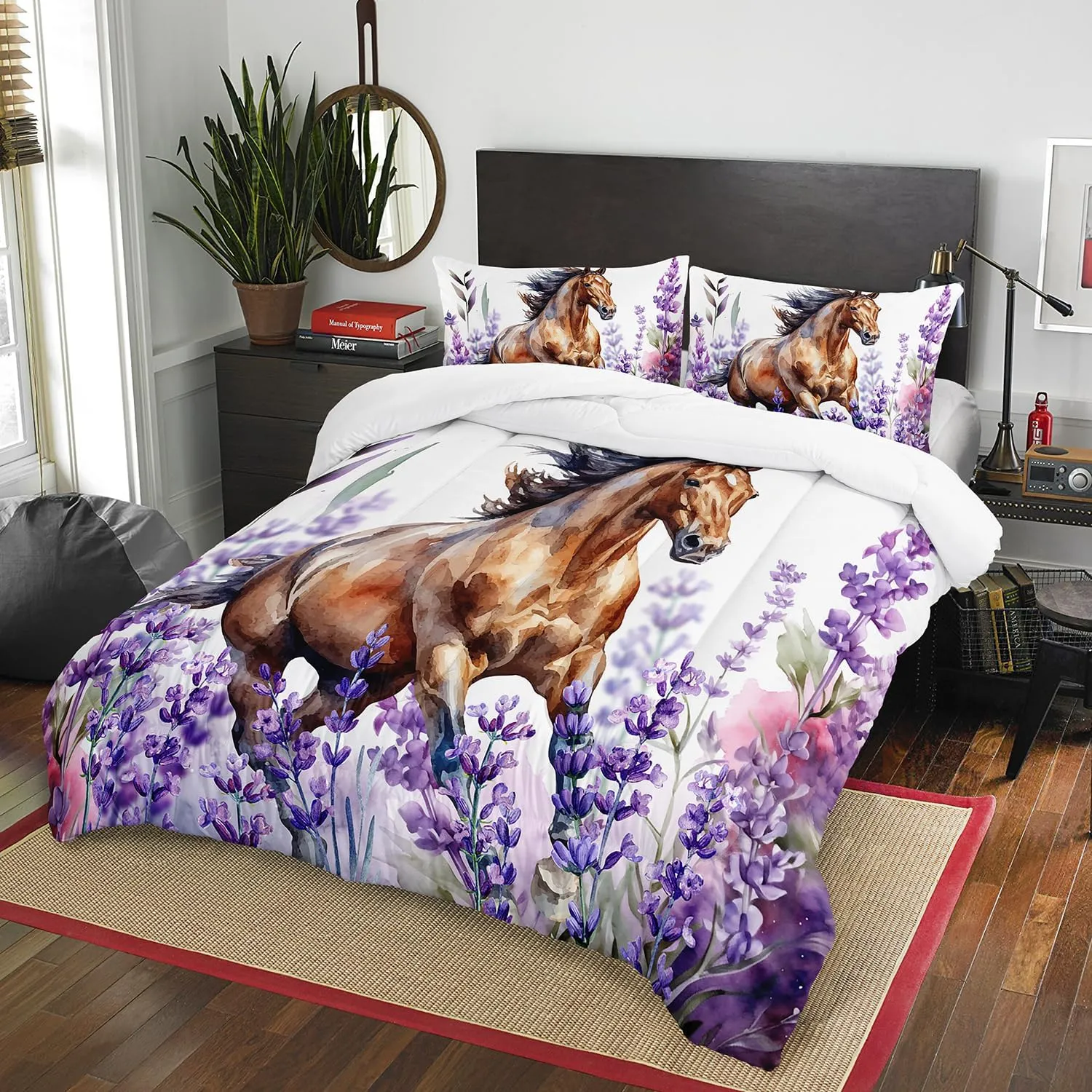 AILONEN Horse Comforter Set Queen Size, Galloping Horse Bedding Set for Boy Teens,Lavender Flowers Bed in a Bag,3Pcs,1 Quilt and 2 Pillowcases,Soft Microfibre for All Season