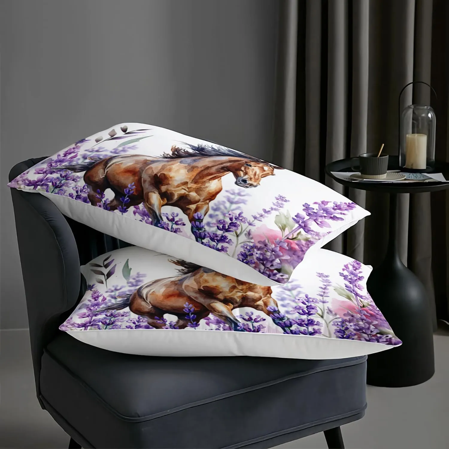 AILONEN Horse Comforter Set Queen Size, Galloping Horse Bedding Set for Boy Teens,Lavender Flowers Bed in a Bag,3Pcs,1 Quilt and 2 Pillowcases,Soft Microfibre for All Season