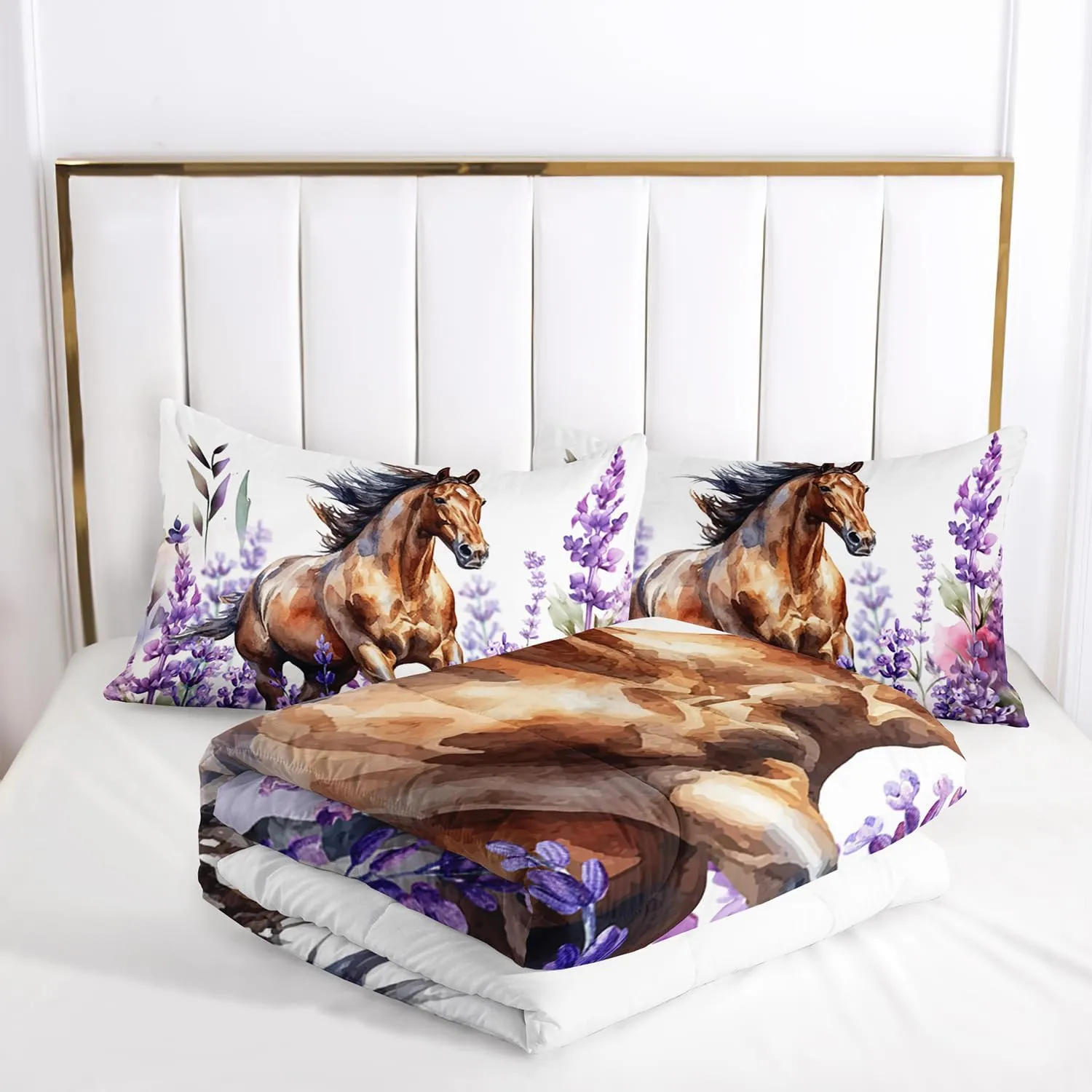 AILONEN Horse Comforter Set Queen Size, Galloping Horse Bedding Set for Boy Teens,Lavender Flowers Bed in a Bag,3Pcs,1 Quilt and 2 Pillowcases,Soft Microfibre for All Season