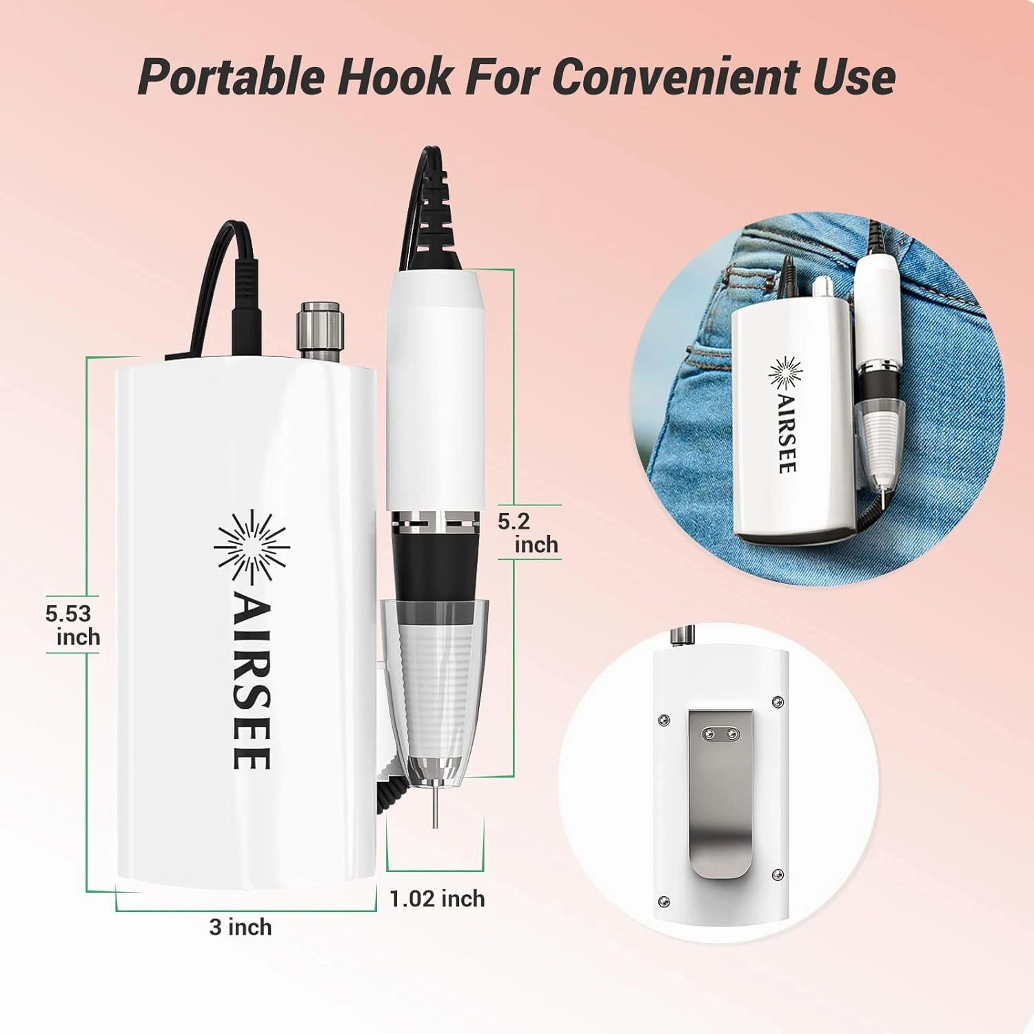 AIRSEE Professional Rechargeable 30000 RPM Nail Drill Machine Portable Efile Electric Nail File Wireless Manicure Pedicure Set Acrylic Gel Nail Grinder Tools with 6 Bits and Sanding Bands E6 White