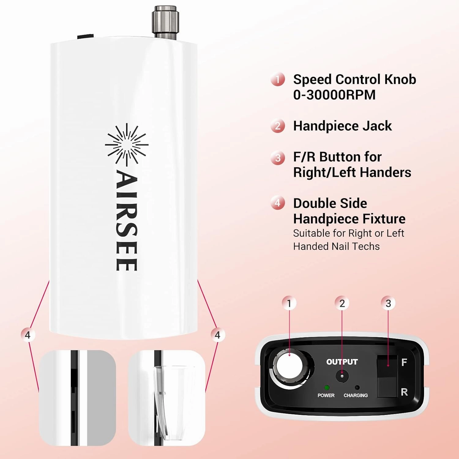 AIRSEE Professional Rechargeable 30000 RPM Nail Drill Machine Portable Efile Electric Nail File Wireless Manicure Pedicure Set Acrylic Gel Nail Grinder Tools with 6 Bits and Sanding Bands E6 White