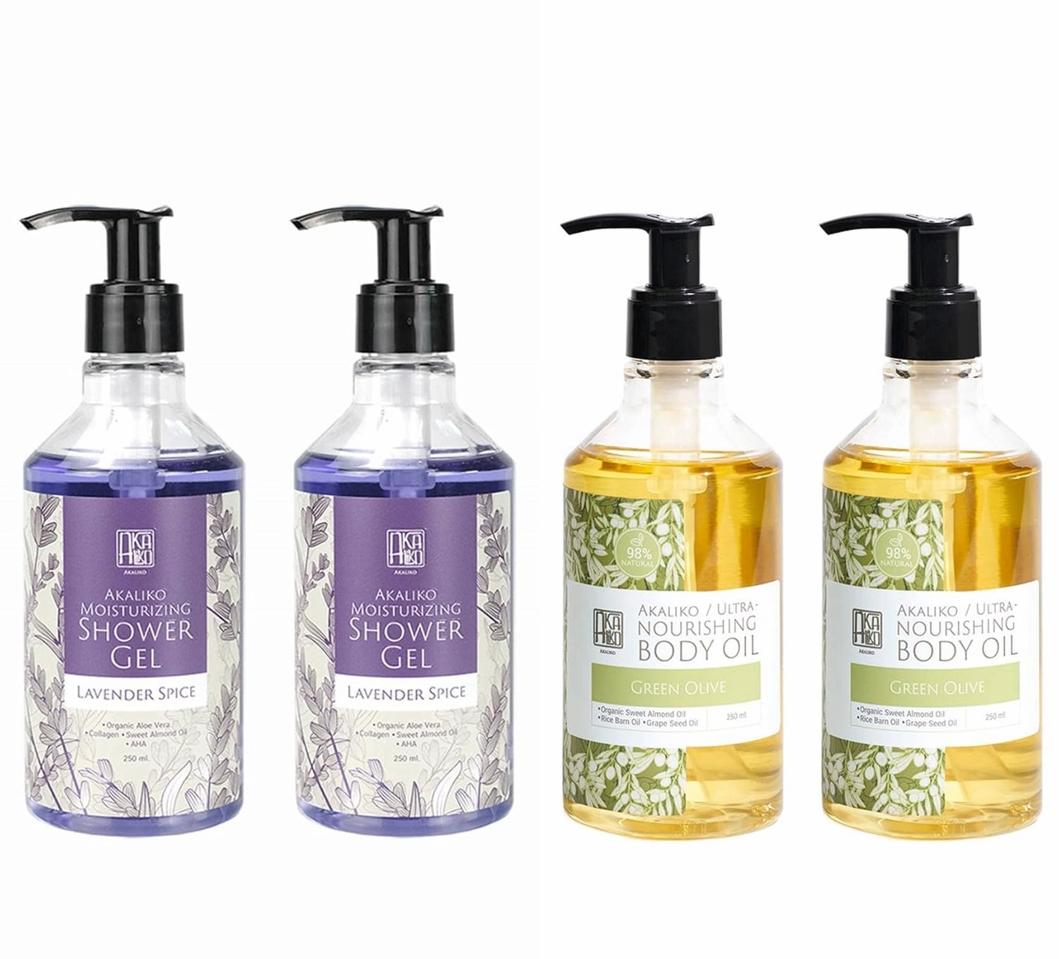 AKALIKO Lavender Moisturizing Shower Gel and Green Olive Body Oil Set.