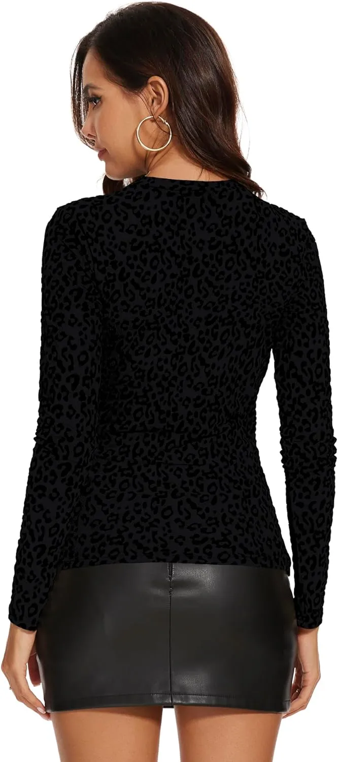 AKEWEI Womens Mesh Long Sleeve Tops Crew Neck Sexy See Through Tee Shirts Party Club Night Lace Blouse