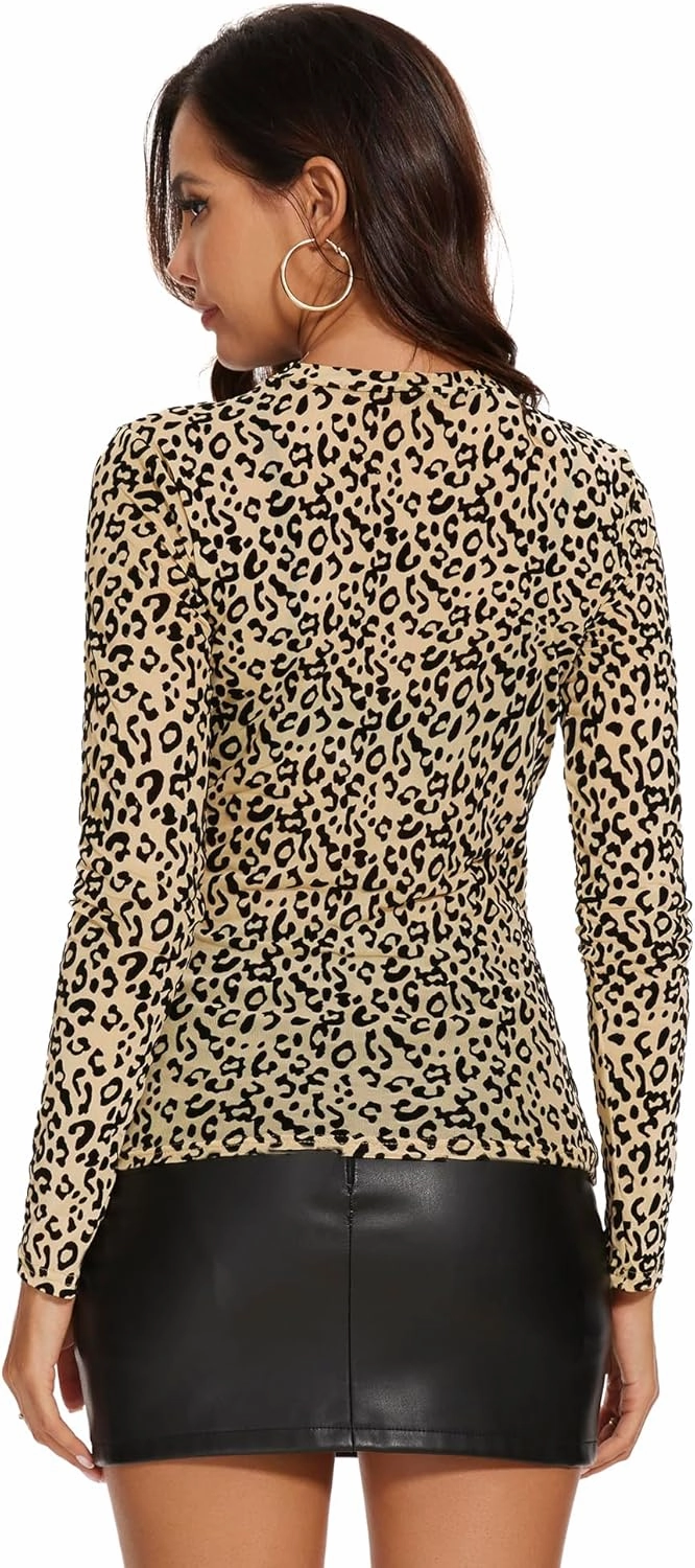 AKEWEI Womens Mesh Long Sleeve Tops Crew Neck Sexy See Through Tee Shirts Party Club Night Lace Blouse