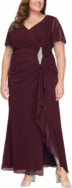 Alex Evenings Women's Long Surplice Neckline Mother of The Bride Flutter Sleeve Dress (Plus Size)