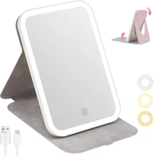 ALHAKIN Travel Mirror with Light, Portable Lighted Makeup Mirror with 3 Color Lights, Rechargeable Tabletop Folding Cosmetic Mirror, Dimmable Touch Screen Light Up Mirror for Desk, Pink