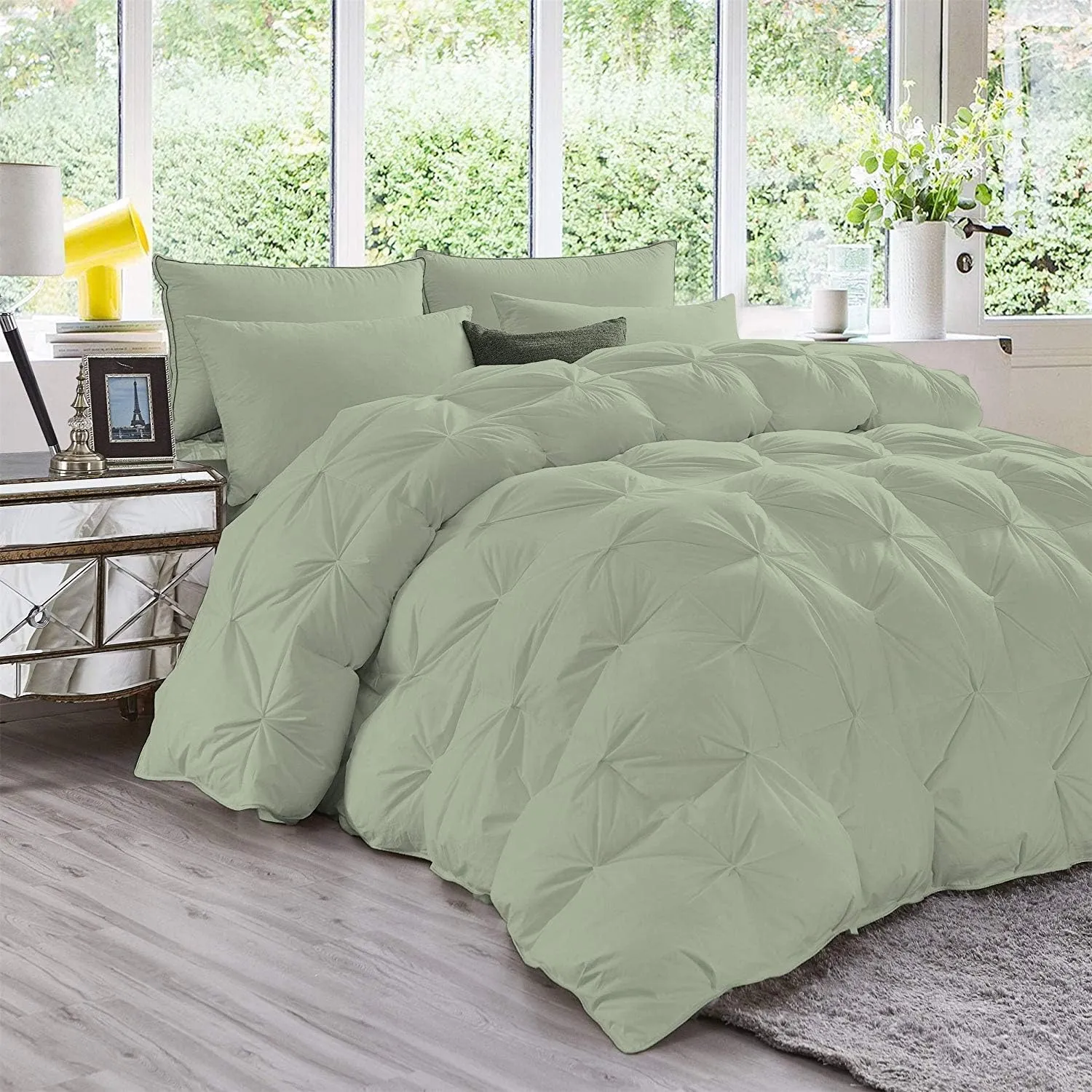 All-Season Goose Down Sage Green Pinch Pleated Comforter Set Queen 1 Piece Quiled Comforter Cotton
