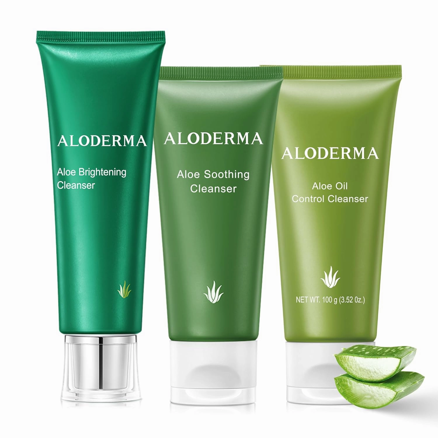 Aloderma Aloe Cleanser Set, 3 Pieces - Soothing Cleanser, Brightening Cleanser, Oil Control Cleanser