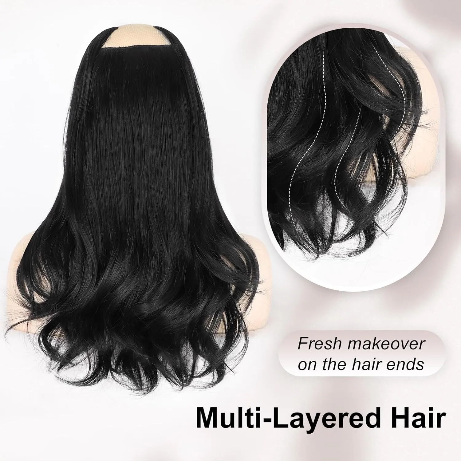 ALXNAN Hair Extensions, 4PCS Clip in Hair Extensions,16 Inches Black Long Wavy Natural Soft Synthetic Hairpieces for Women