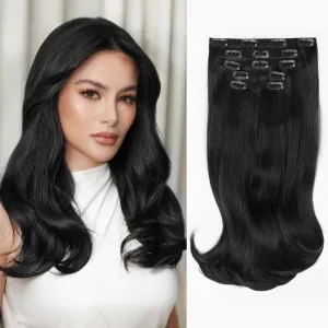 ALXNAN Hair Extensions, 4PCS Clip in Hair Extensions,16 Inches Black Long Wavy Natural Soft Synthetic Hairpieces for Women