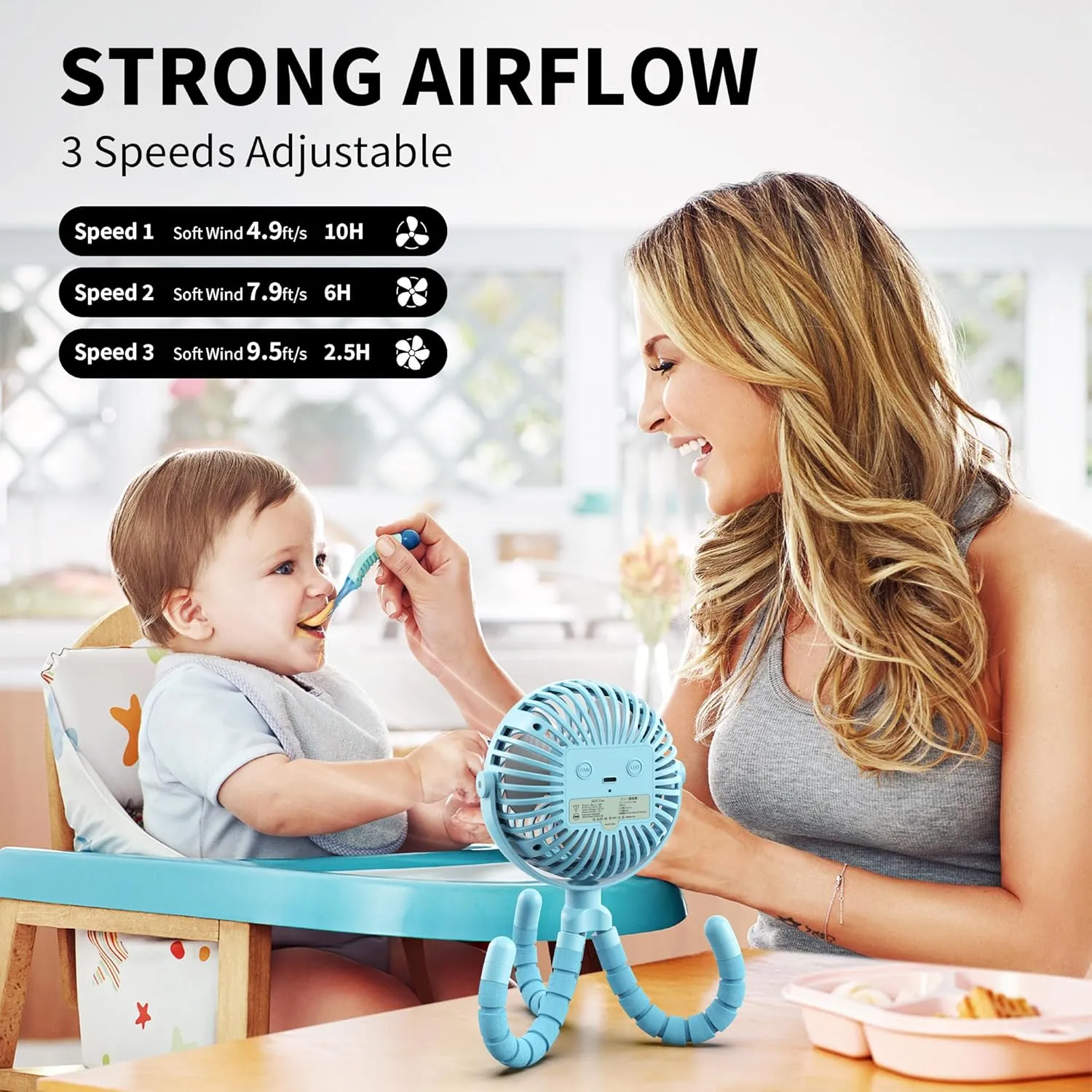 AMACOOL Battery Operated Stroller Fan Flexible Tripod Clip On Fan with 3 Speeds and Rotatable Handheld Personal Fans for Car Seat Crib Bike Treadmill (Blue)