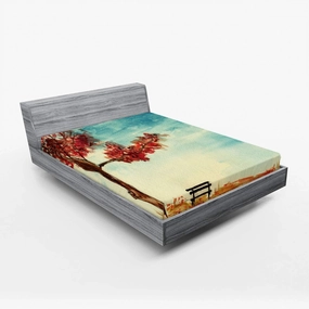 Ambesonne Tree Fitted Sheet, Watercolors Design of a Tree and Bench Earth Ecological Protection for Future Image, Bed Cover with All-round Elastic Deep Pocket for Comfort, California King, Orange Blue