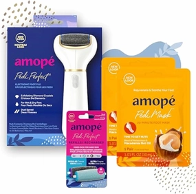 Amopé Pedicure Value Kit, Spa Pampering Pack, Self-Care & Relaxation Gift, contains Pedi Perfect Electric Callus Remover Foot File, 2 Macadamia Oil PediMask Foot Masks, 2 Roller Heads – 4 pieces