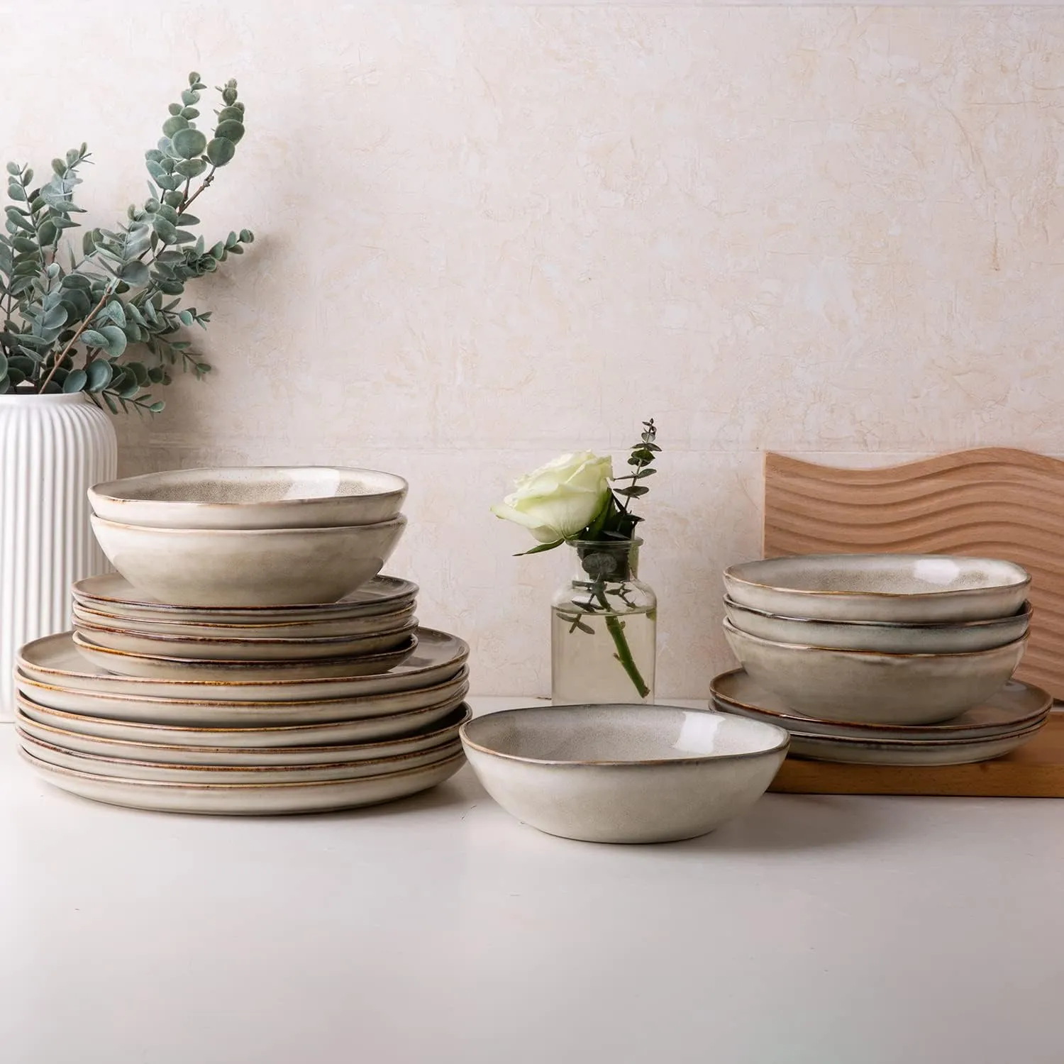 AmorArc Ceramic Dinnerware Sets,Handmade Reactive Glaze Stoneware Plates and Bowls Sets,Highly Chip and Crack Resistant | Dishwasher & Microwave Safe Dishes Set,Service for 6 (18pc)