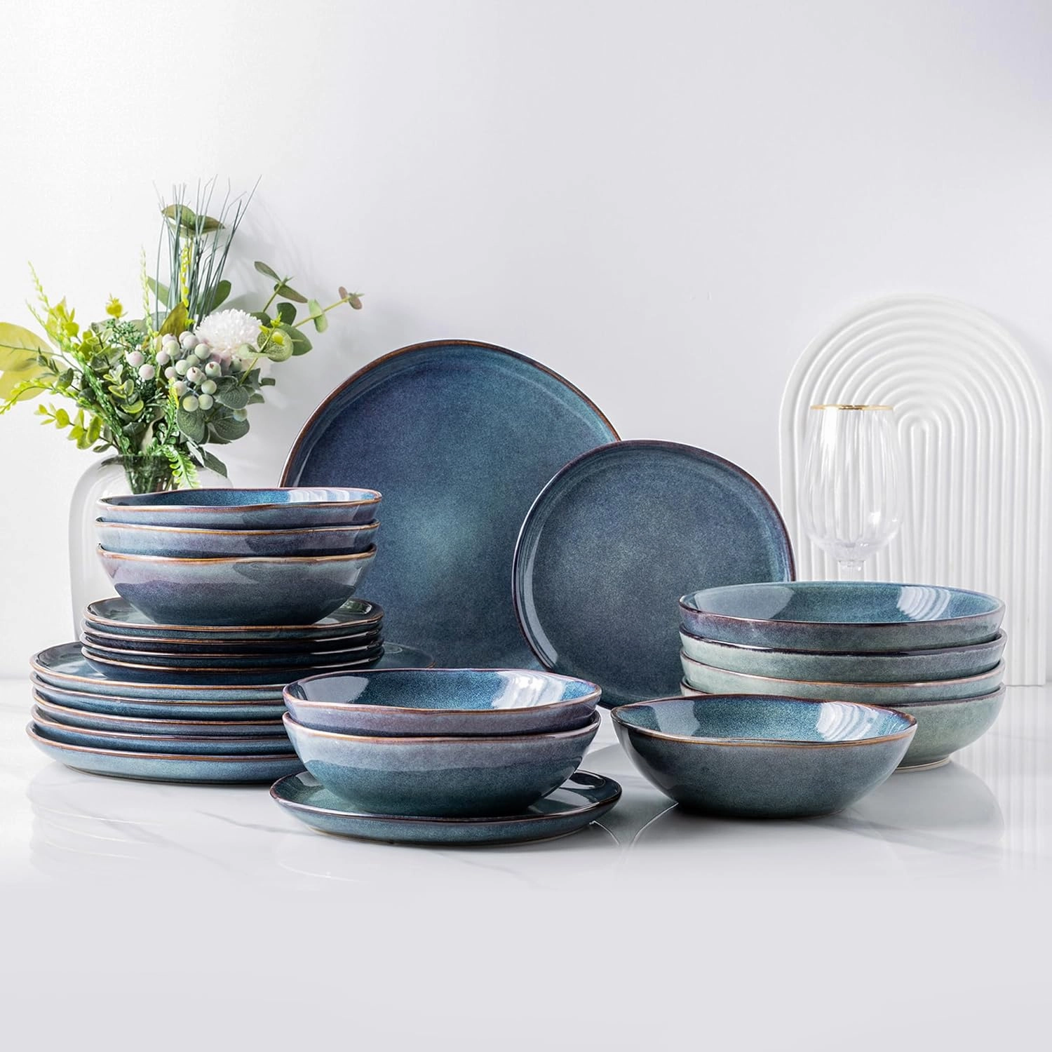 AmorArc Ceramic Dinnerware Sets,Handmade Reactive Glaze Stoneware Plates and Bowls Set,Highly Chip and Crack Resistant | Dishwasher & Microwave Safe Dishes set,Service for 6 (18pc)