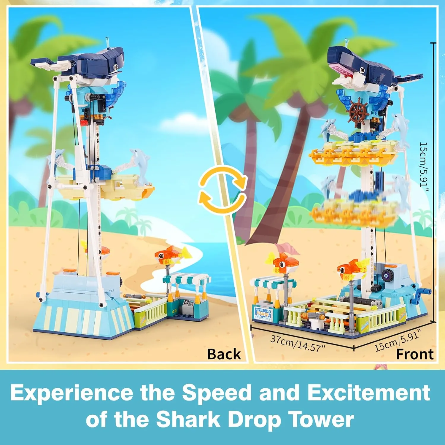 Amusement Park Building Blocks Set,Black Shark Drop Tower Building Blocks Toy,Bricks Toy Model for Kids and Adults(764PCS)