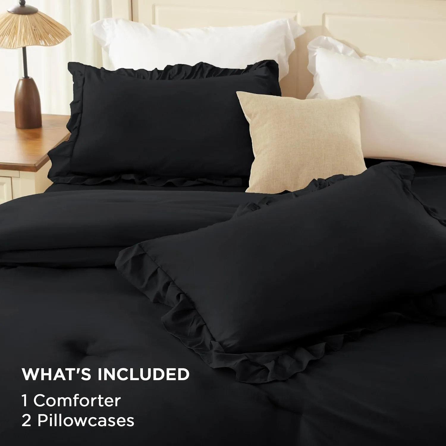 Andency Black Full Size Comforter Set(79x90Inch), 3 Pieces Fluffy Farmhouse Shabby Chic Bedding Comforter Sets, All Season Soft Lightweight Microfiber Bed Set