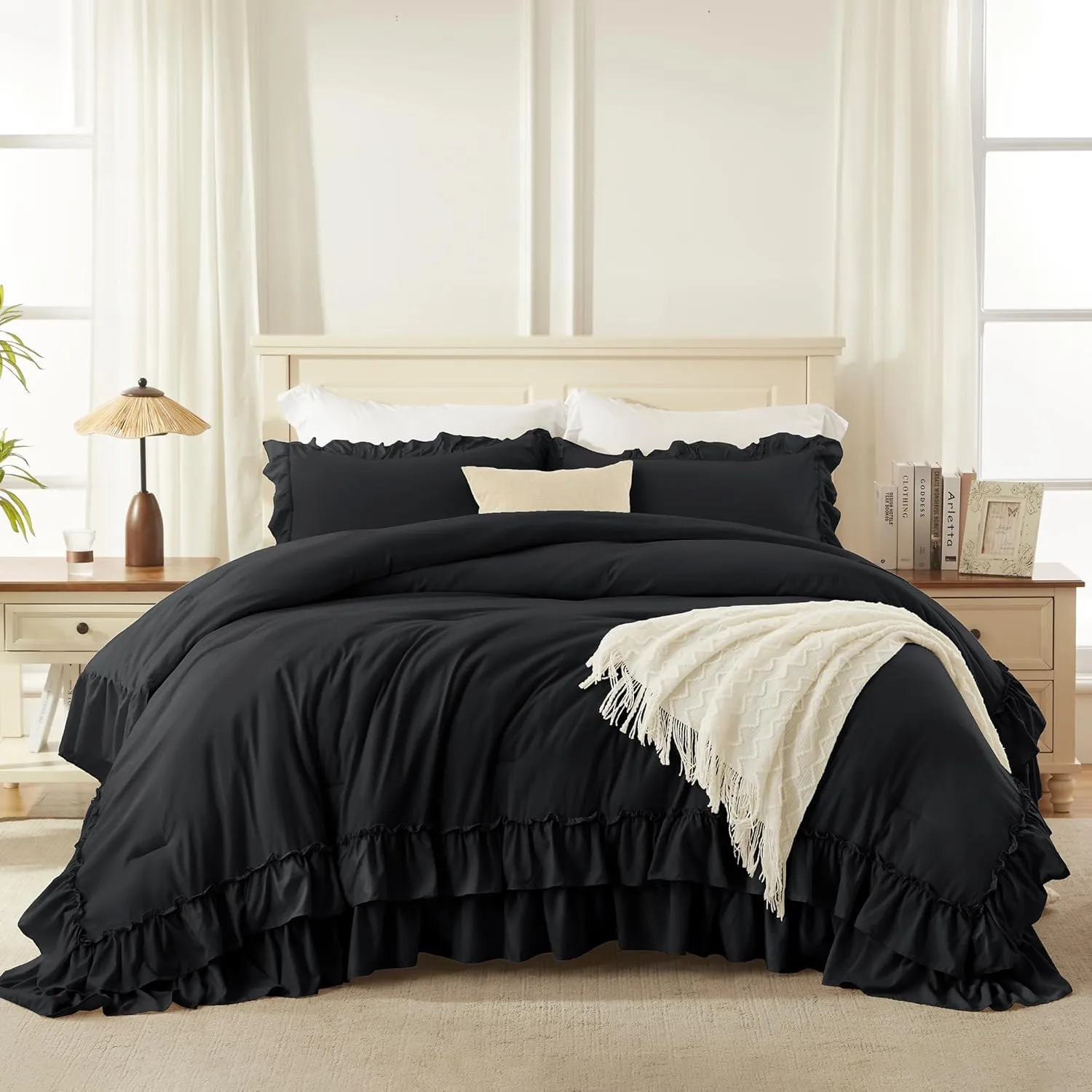 Andency Black Full Size Comforter Set(79x90Inch), 3 Pieces Fluffy Farmhouse Shabby Chic Bedding Comforter Sets, All Season Soft Lightweight Microfiber Bed Set