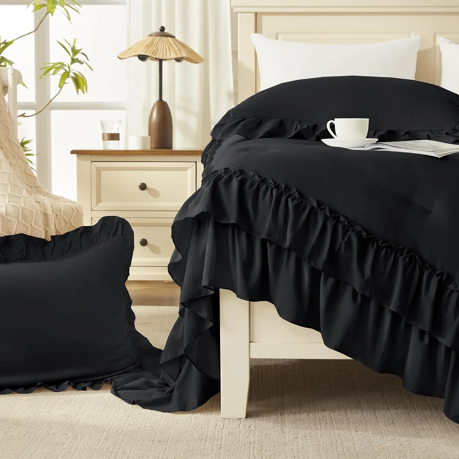 Andency Black Full Size Comforter Set(79x90Inch), 3 Pieces Fluffy Farmhouse Shabby Chic Bedding Comforter Sets, All Season Soft Lightweight Microfiber Bed Set