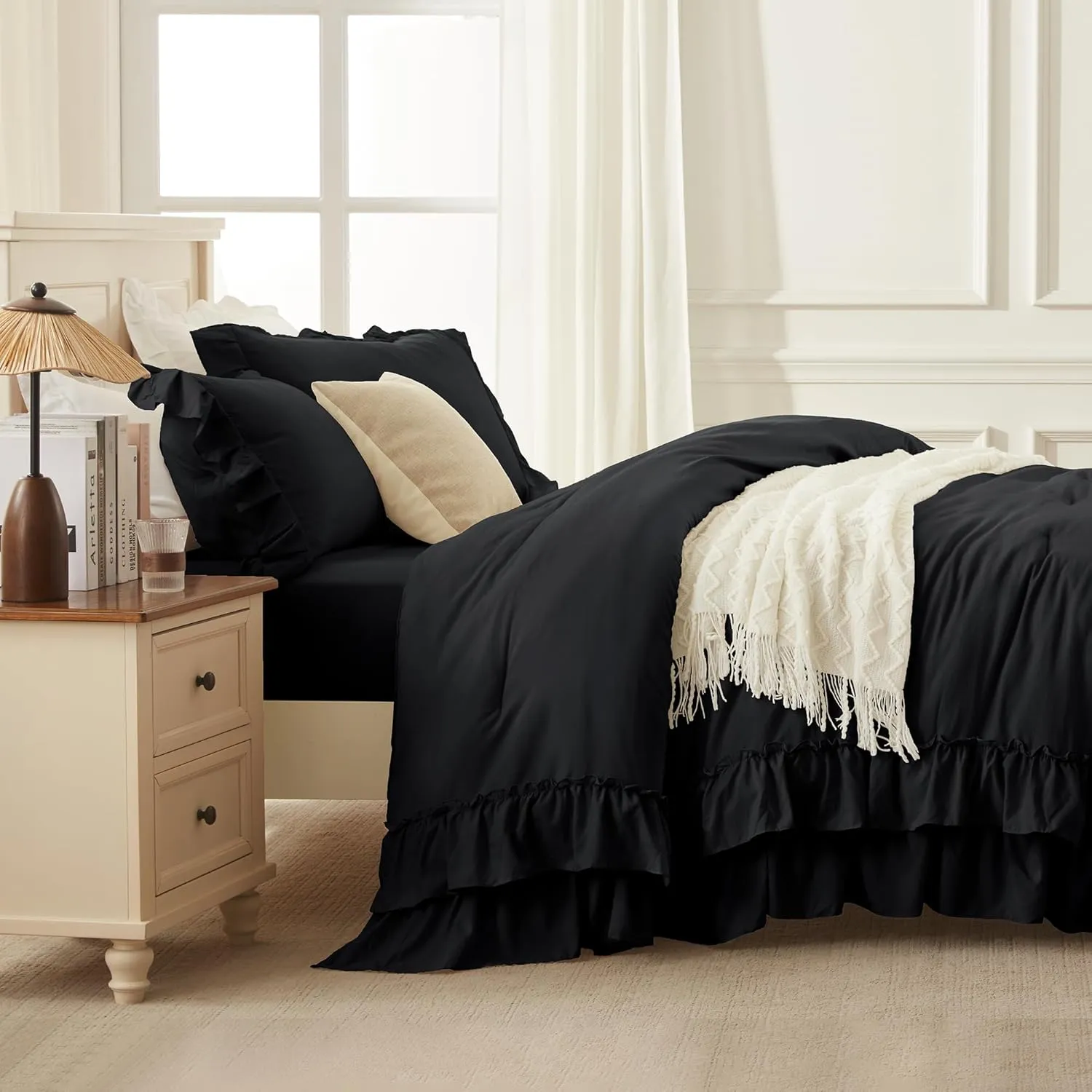 Andency Black Full Size Comforter Set(79x90Inch), 3 Pieces Fluffy Farmhouse Shabby Chic Bedding Comforter Sets, All Season Soft Lightweight Microfiber Bed Set