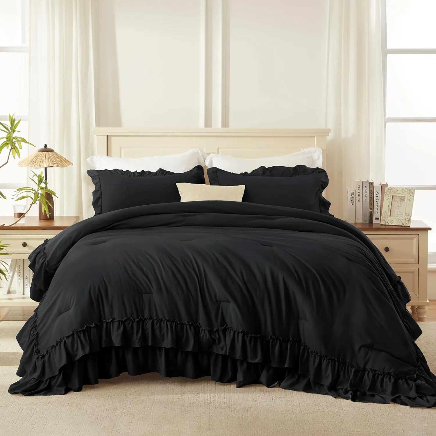 Andency Black Full Size Comforter Set(79x90Inch), 3 Pieces Fluffy Farmhouse Shabby Chic Bedding Comforter Sets, All Season Soft Lightweight Microfiber Bed Set